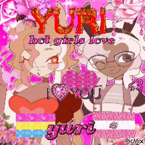 a picture of two girls with the words yuri hot girls love i love you
