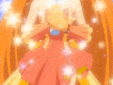 a girl in a red dress is holding a necklace with a flower on it