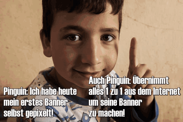 a young boy holds up his finger and says auch pinguin