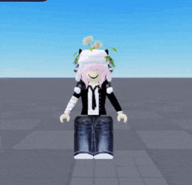 a girl with pink hair is wearing a white hat with flowers on it .
