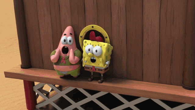 spongebob and patrick are sitting on a wooden ledge