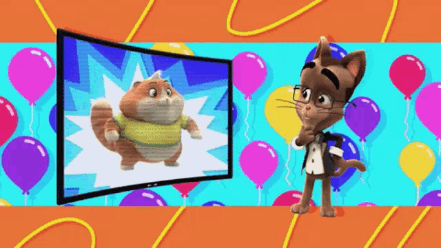 a cartoon cat is standing in front of a tv screen with a cat on it