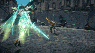 a video game character is holding a sword in front of a giant robot