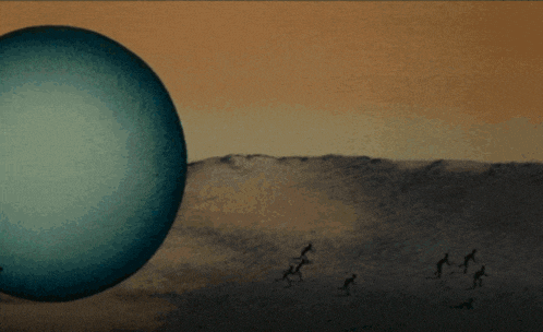 a drawing of a group of people walking in a field with blue balls