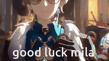 a cartoon character is holding a pocket watch and the words good luck mila are above him