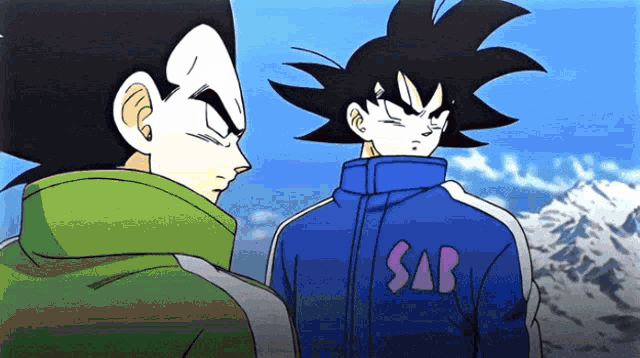 goku and vegeta are standing next to each other in a cartoon .