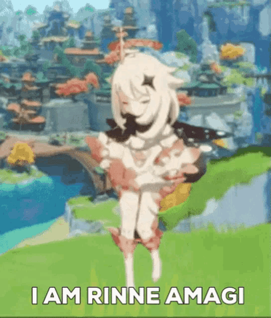 a cartoon character is standing in a field with the words `` i am rinne amagi '' written on the bottom .