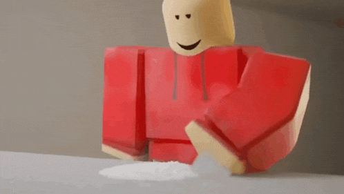 a roblox character is sitting at a table with a pile of white powder on the floor .