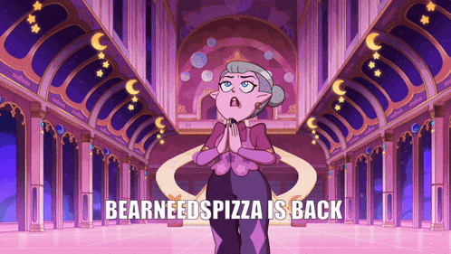 a cartoon of a woman standing in a hallway with the words " bearneedspizza is back " below her