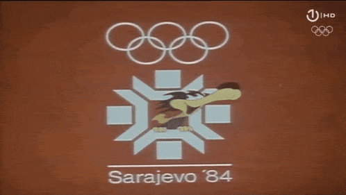 a logo for the sarajevo 84 olympics is shown on a tv screen