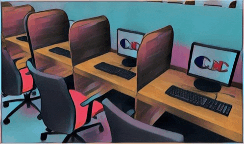 a cartoon drawing of cubicles with computers and chairs with a champion logo on the monitors