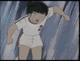 a cartoon boy in a white shirt and shorts is running .