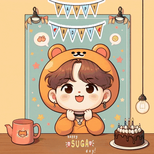 a cartoon drawing of a boy wearing a bear costume with the words happy suga day on the bottom