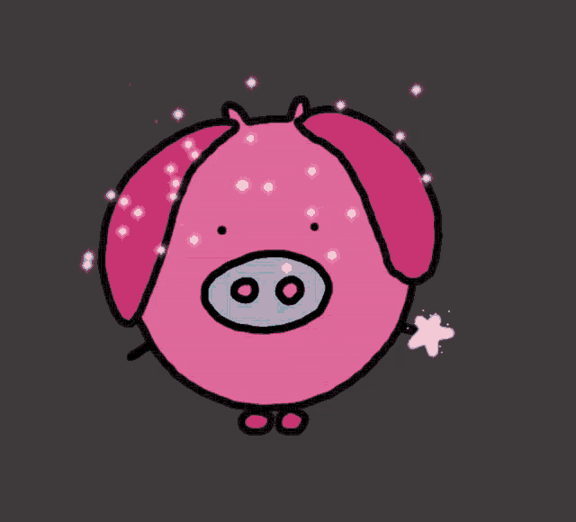 a pink pig with a blue nose is surrounded by sparkling stars
