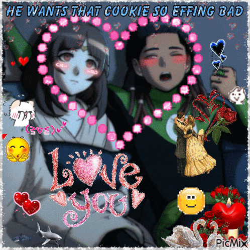 a picture of a boy and a girl with the words he wants that cookie so effing bad on it