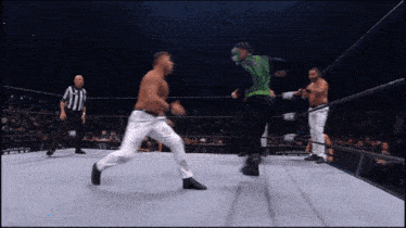 a wrestler in a green mask is fighting another wrestler