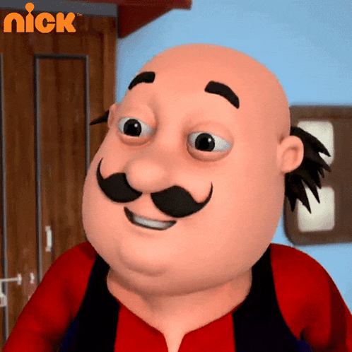 a cartoon man with a mustache is smiling in front of a sign that says nick