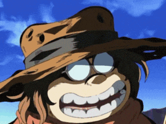 a close up of a cartoon character wearing a cowboy hat and glasses
