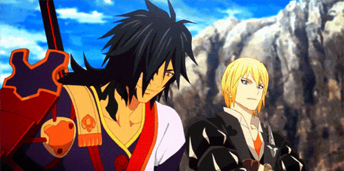 two anime characters are standing next to each other and one has a sword