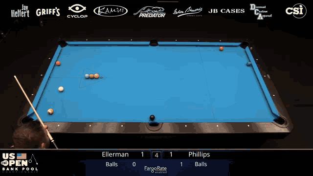 a pool table with sponsors like jb cases and csi