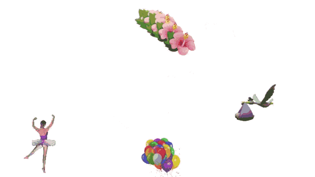 a ballerina is surrounded by flowers and balloons on a white background