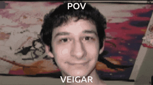 a close up of a man 's face with the words pov veigar written above him