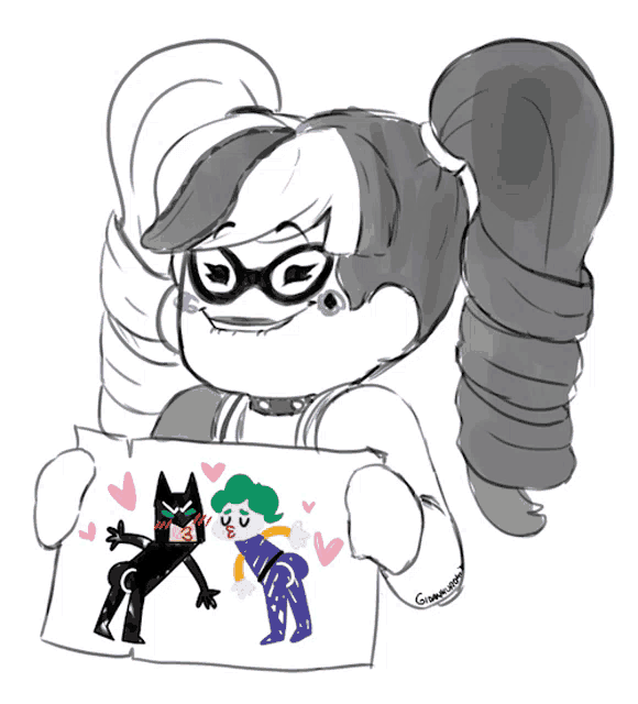 a black and white drawing of harley quinn and the joker holding a sign