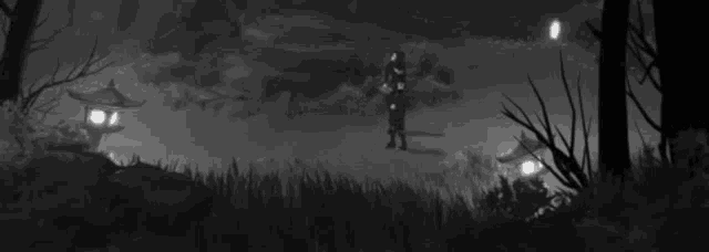 a black and white painting of a man standing in the middle of a forest at night .