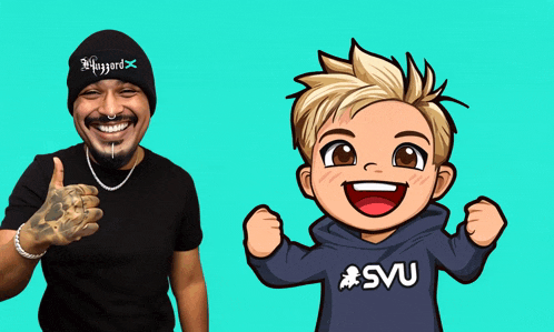 a man wearing a beanie and a boy wearing a hoodie with the letters svu on it