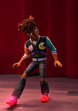 a cartoon character is standing in front of a red curtain wearing a jacket and jeans