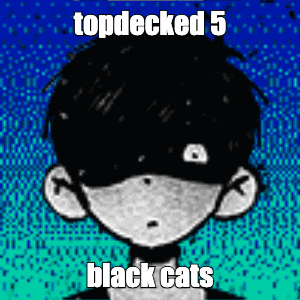 a black and white drawing of a boy with the words `` topdecked 5 black cats '' on it .