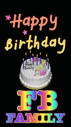a birthday cake with candles and the words happy birthday fb family below it