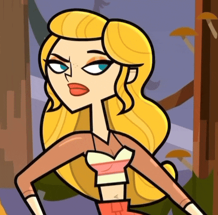 a cartoon girl with blonde hair and blue eyes is standing in a forest