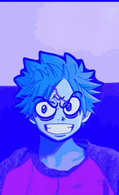 a person with blue hair and a purple shirt is smiling