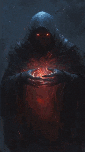 a man in a hood is surrounded by flames in a dark room