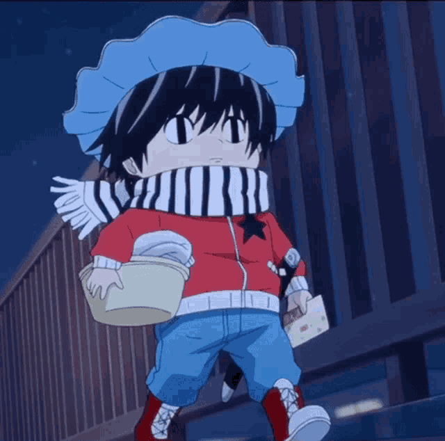 a cartoon character with a scarf around his neck and a hat