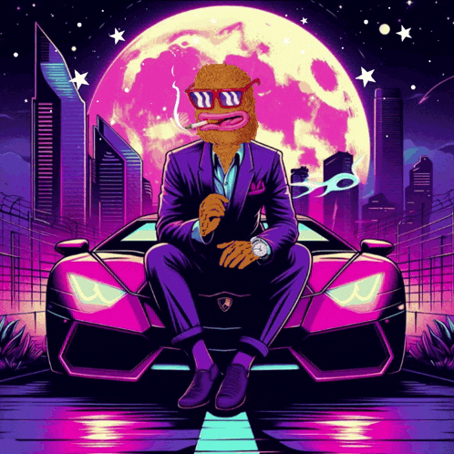 a cartoon illustration of a man in a suit sitting on top of a pink car