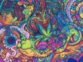 a colorful psychedelic painting with a marijuana leaf in the center