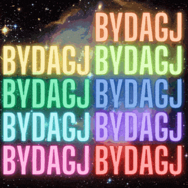 the word bydacj is written in different colors on a black background