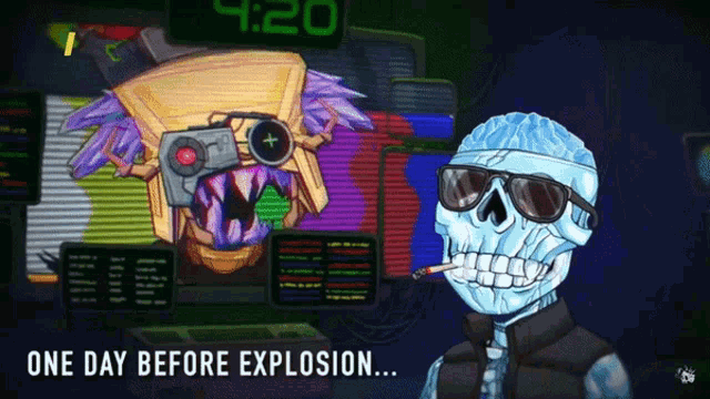 a cartoon of a skeleton smoking a cigarette with the words one day before explosion below him