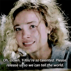 a woman is crying with the words oh clown y-you 're so talented please release us so we can tell the world below her