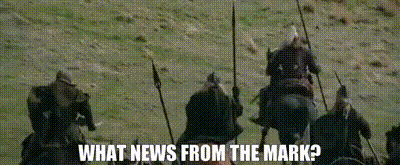a group of soldiers riding horses in a field with the words `` what news from the mark '' written on the bottom .