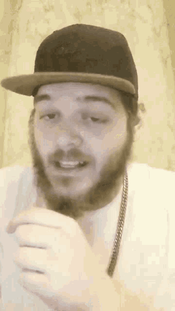a man with a beard wearing a hat and a chain around his neck .
