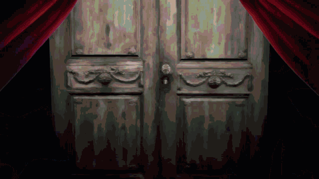 a painting of a door with a red curtain in the background