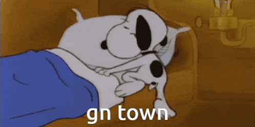 a cartoon of snoopy laying in bed with the words gn town below