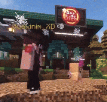 a person in a video game standing in front of a building that says bar da pirata