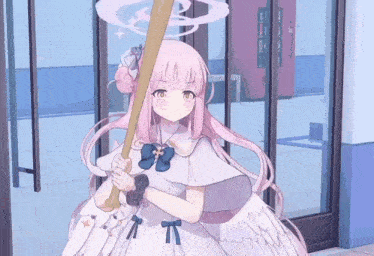 a pink haired anime girl is holding a baseball bat in her hand .