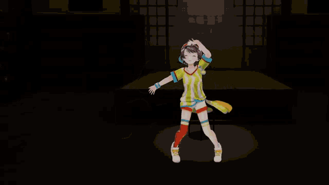 a girl in a yellow and blue outfit is dancing in a dark room with the words " party " in the background