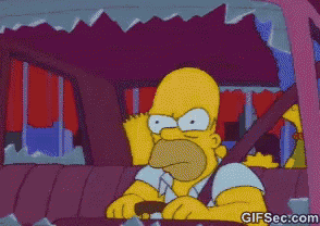 a cartoon of homer simpson driving a car with a broken window