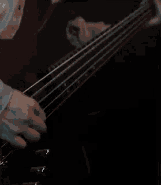 a person is playing a bass guitar in the dark .